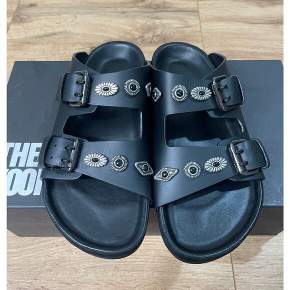 The Kooples Black Leather Buckled Sandals w/ Studs Size 5 US 36 EU NIB Slides - Picture 5 of 13